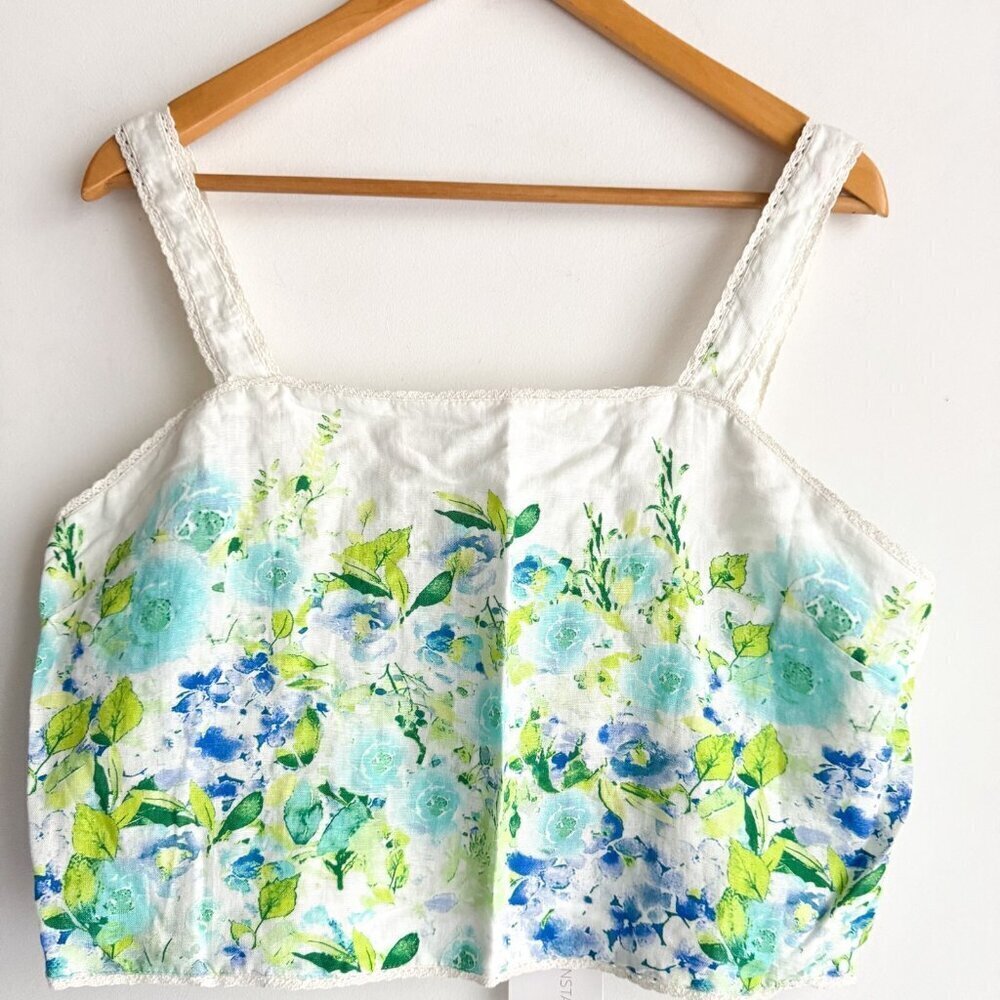 Caroline Constas Linen Floral Blue Green Cropped Top XL
